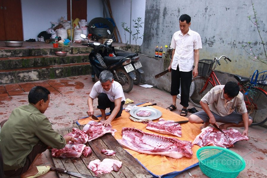 Một gia đình ở Hưng Yên giữ truyền thống đụng lợn ăn Tết. Ảnh: Phạm Đình