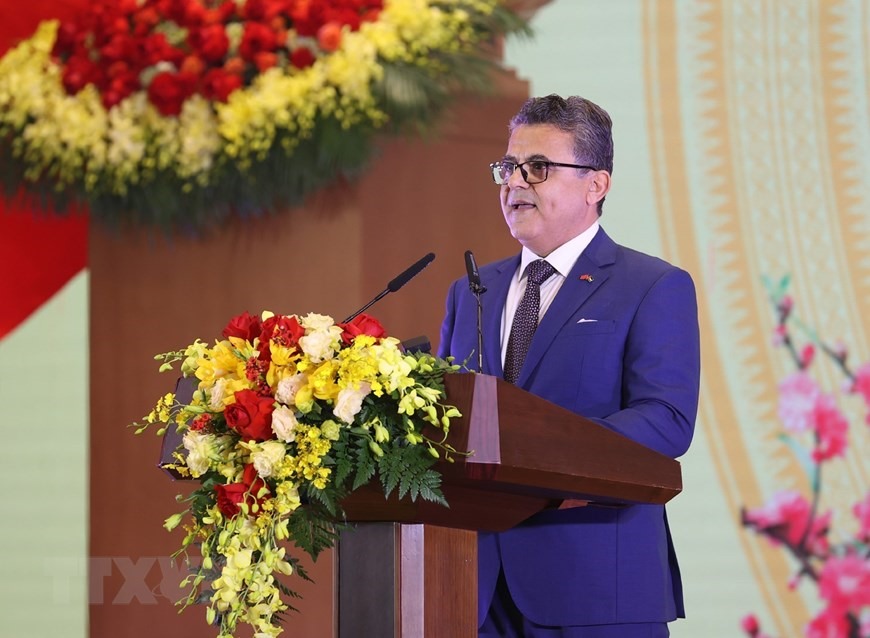 Đại sứ Palestine tại Việt Nam Saadi Salama, Trưởng đoàn ngoại giao tại Việt Nam phát biểu tại sự kiện. Ảnh: TTXVN