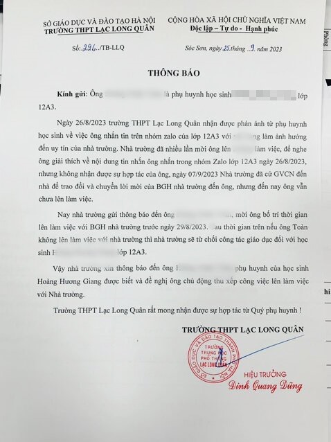 Ảnh chụp thông báo có dấu đỏ và chữ ký của Hiệu trưởng Trường THPT Lạc Long Quân về việc từ chối công tác giáo dục với học sinh. Ảnh: Phụ huynh cung cấp
