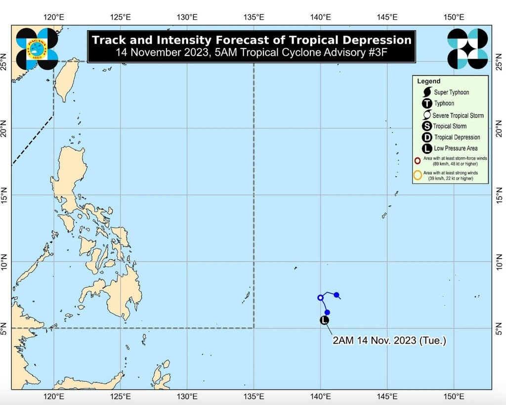 Vị trí áp thấp gần Philippines (phải, dưới) hồi 2h ngày 14.11.2023. Ảnh: PASAGA