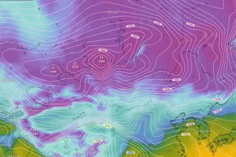 Lõi tâm lạnh tại khu vực Sirberia (Nga) và Mông Cổ (màu tím) đạt cường độ rất mạnh vào sáng 14.12. Ảnh: ECMWF