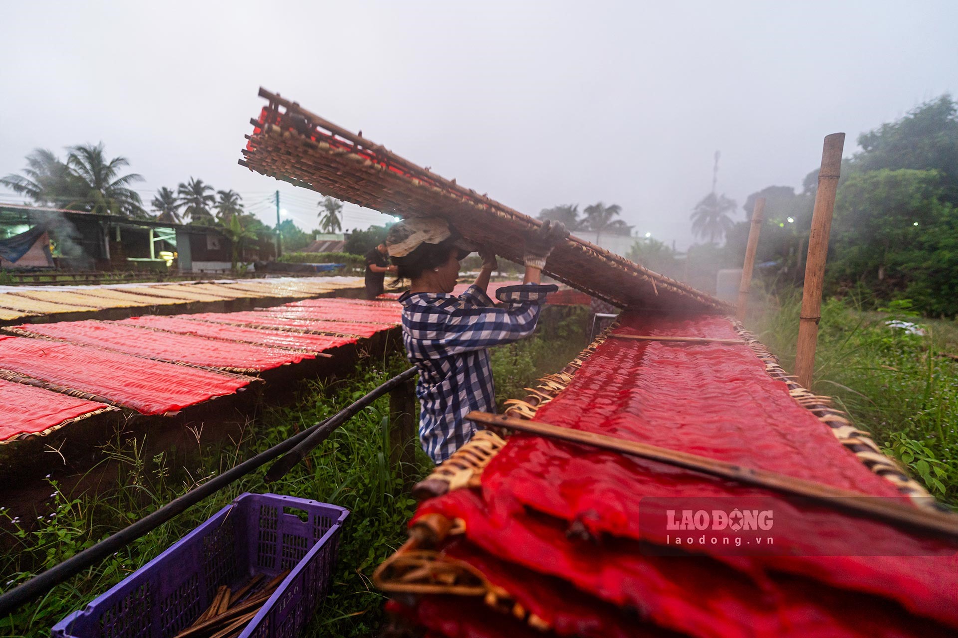 Bánh bột khoai được hấp liên tục trong lò. Sau khi bánh chín được lấy ra và cắt thành từng đoạn đặt trên giàn tre.