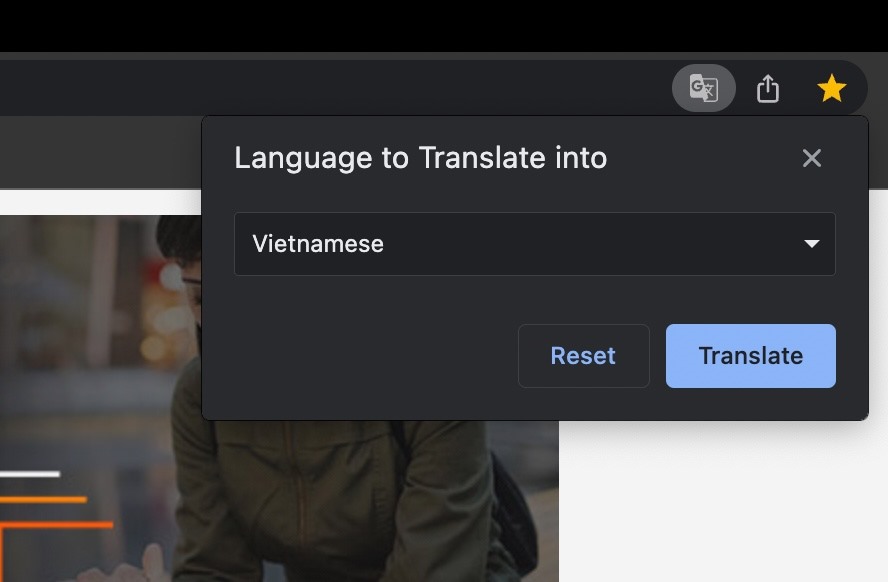 Lựa chọn ngôn ngữ khi dịch cả trang web trên trình duyệt Chrome. Ảnh: Anh Vũ