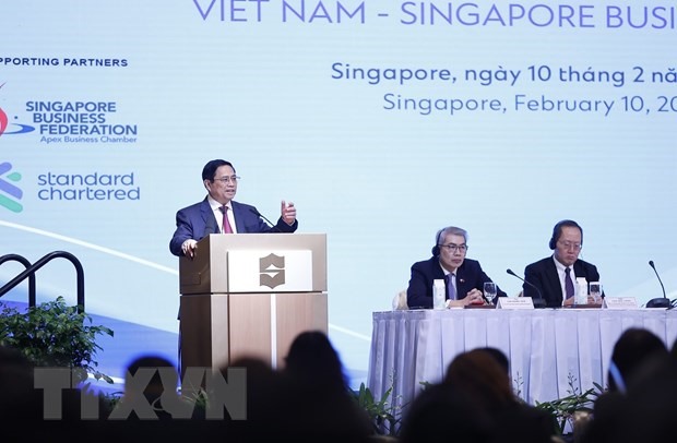 Thủ tướng Phạm Minh Chính phát biểu tại Diễn đàn Doanh nghiệp Việt Nam - Singapore. Ảnh: TTXVN