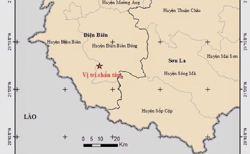 Tâm chấn của một trận động đất có cường độ 4,5 độ Richer xảy ra tại tỉnh Điện Biên. Nguồn: Viện Vật lý địa cầu