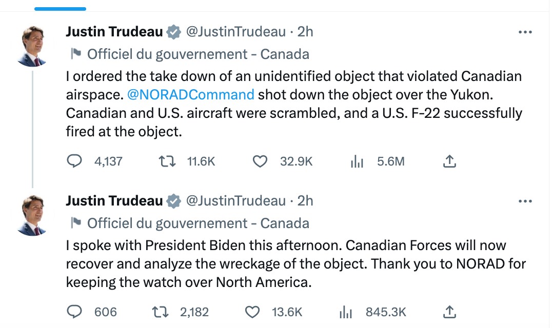 Hai dòng trạng thái trên Twitter của Thủ tướng Justin Trudeau về việc bắn hạ vật thể trên bầu trời Canada. Ảnh chụp màn hình