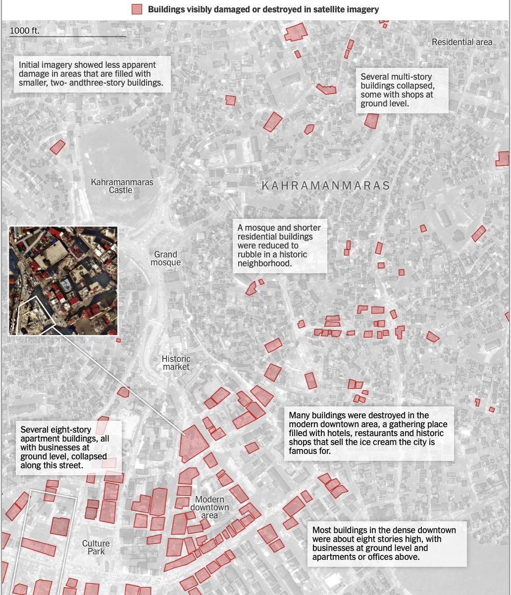 Vị trí các toà nhà bị phá huỷ hoặc hư hại (ô màu hồng) tại thành phố Kahramanmaras sau trận động đất ngày 6.2. Ảnh vệ tinh của Planet Labs