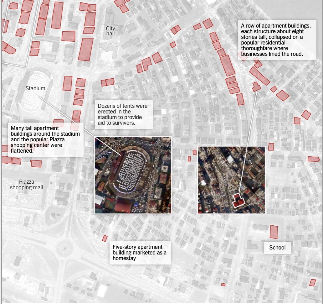 Vị trí các toà nhà bị phá huỷ hoặc hư hại (ô màu hồng) tại thành phố Kahramanmaras sau trận động đất ngày 6.2. Ảnh vệ tinh của Planet Labs