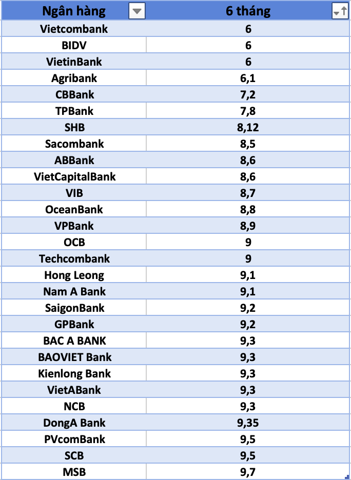 Biểu lãi suất kỳ hạn 6 tháng tại một số ngân hàng. Đồ hoạ: Trà My