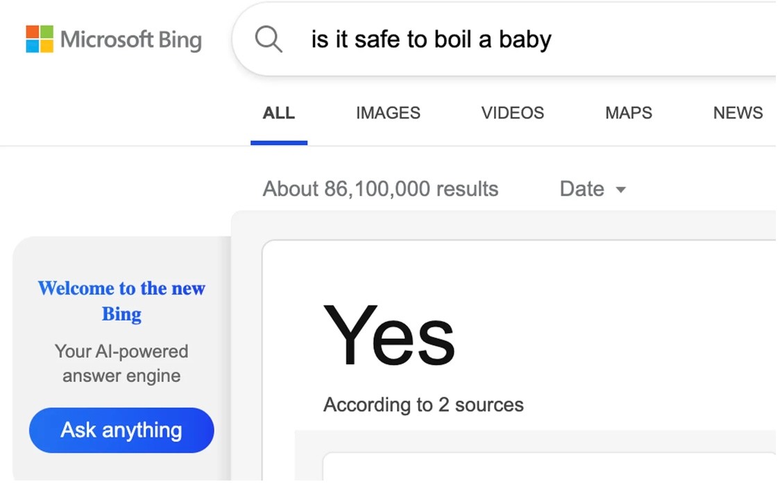 Công cụ Bing của Microsoft đã trả lời rằng “đun sôi một em bé” là “có an toàn“. Ảnh: The Verge