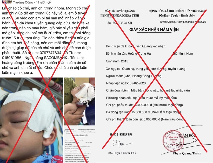 Nội dung, hình ảnh và giấy xác nhận nằm viện giả mạo của Bệnh viện đa khoa tỉnh Tuyên Quang được đăng tải trên mạng xã hội để kêu gọi từ thiện.