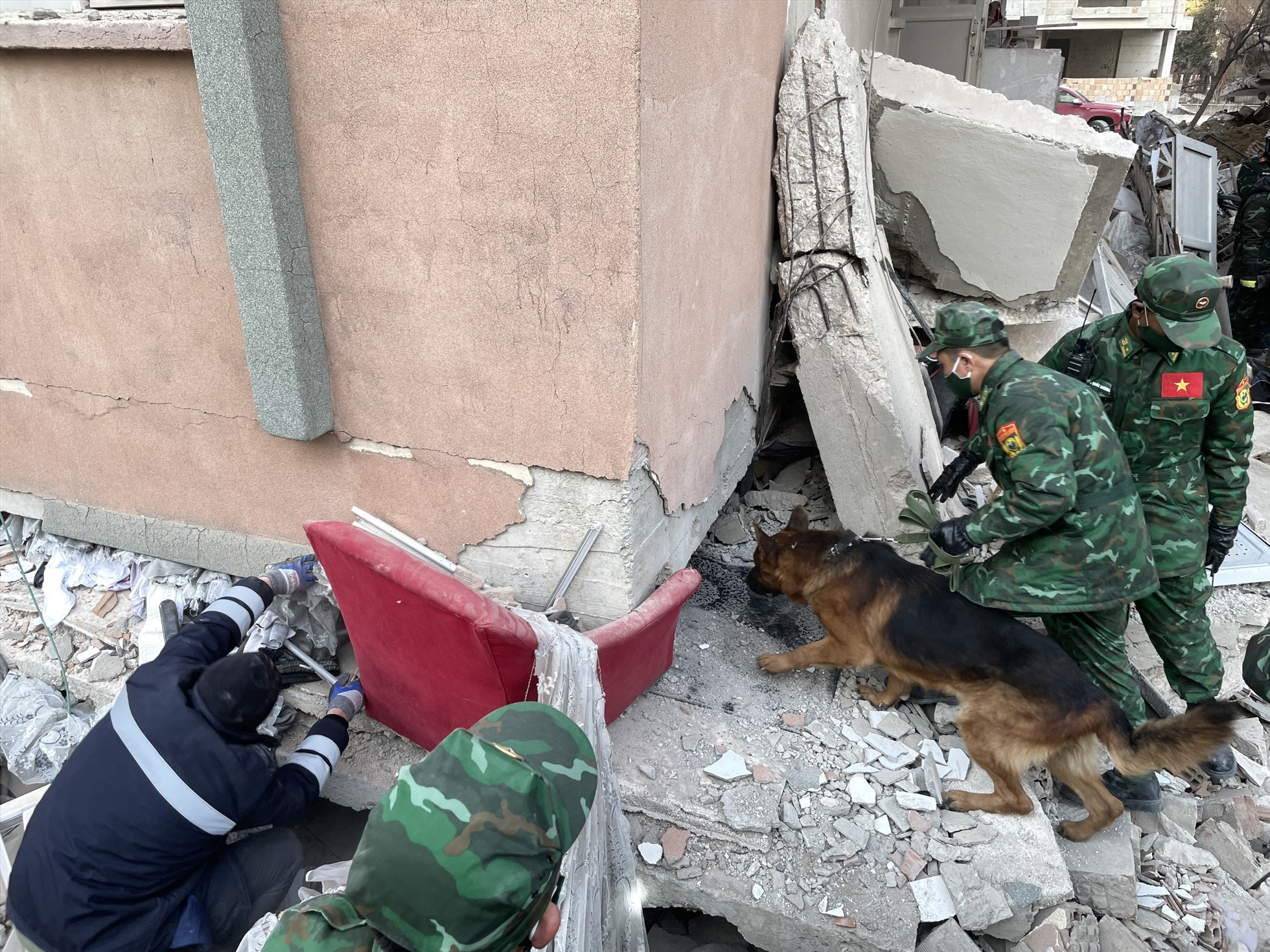 Các chiến sĩ cứu hộ cùng chó nghiệp vụ phát hiện vị trí có nạn nhân trong đống đổ nát. Ảnh: Văn Hiếu.