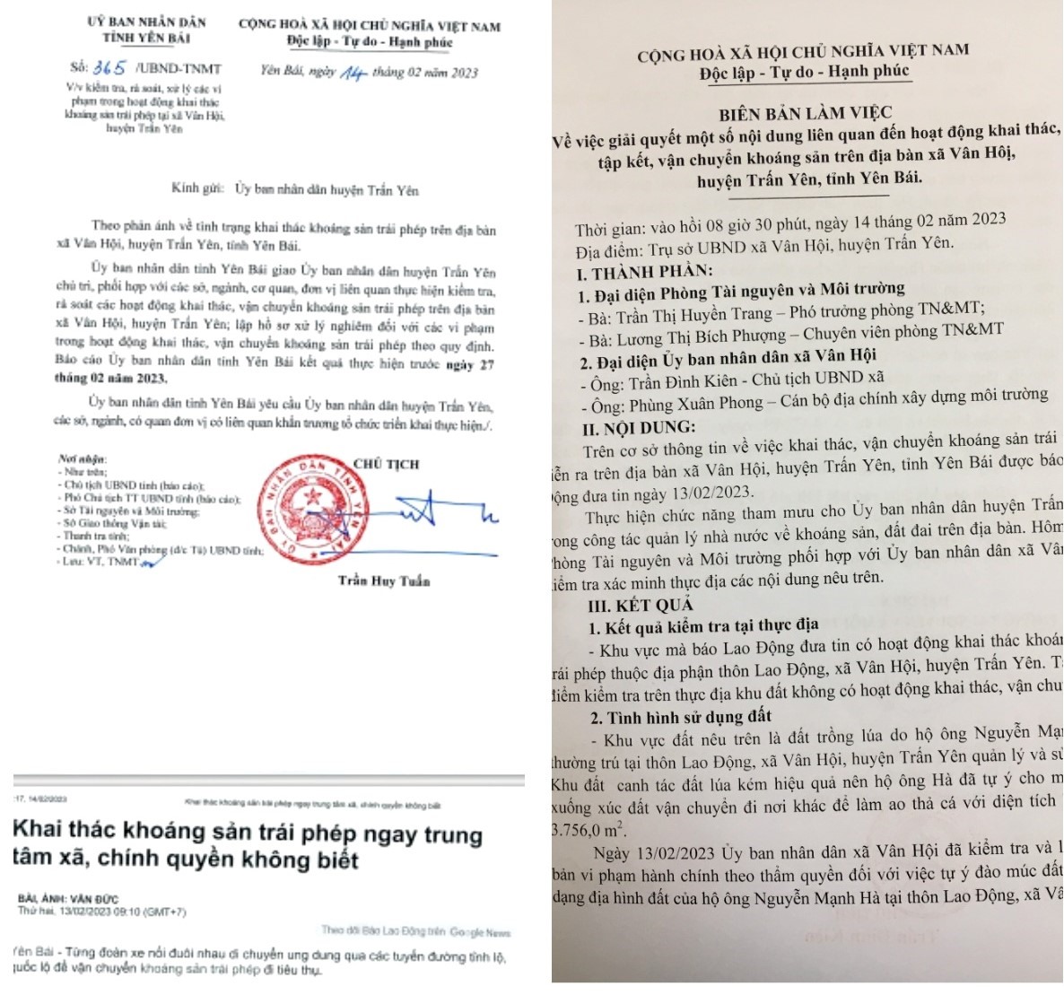 UBND tỉnh Yên Bái yêu cầu các cơ quan chức năng khẩn trương vào cuộc, xử lý nghiêm vi phạm trong khai thác, vận chuyển khoáng sản trái phép tại xã Vân Hội, huyện Trấn Yên.