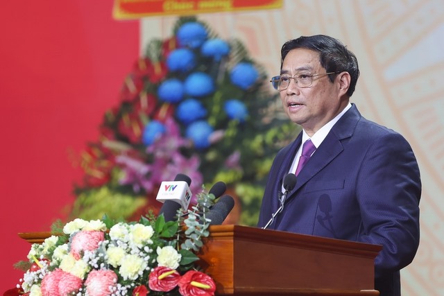Thủ tướng Chính phủ Phạm Minh Chính trình bày diễn văn kỷ niệm 110 năm Ngày sinh đồng chí Huỳnh Tấn Phát - Ảnh: VGP/Nhật Bắc