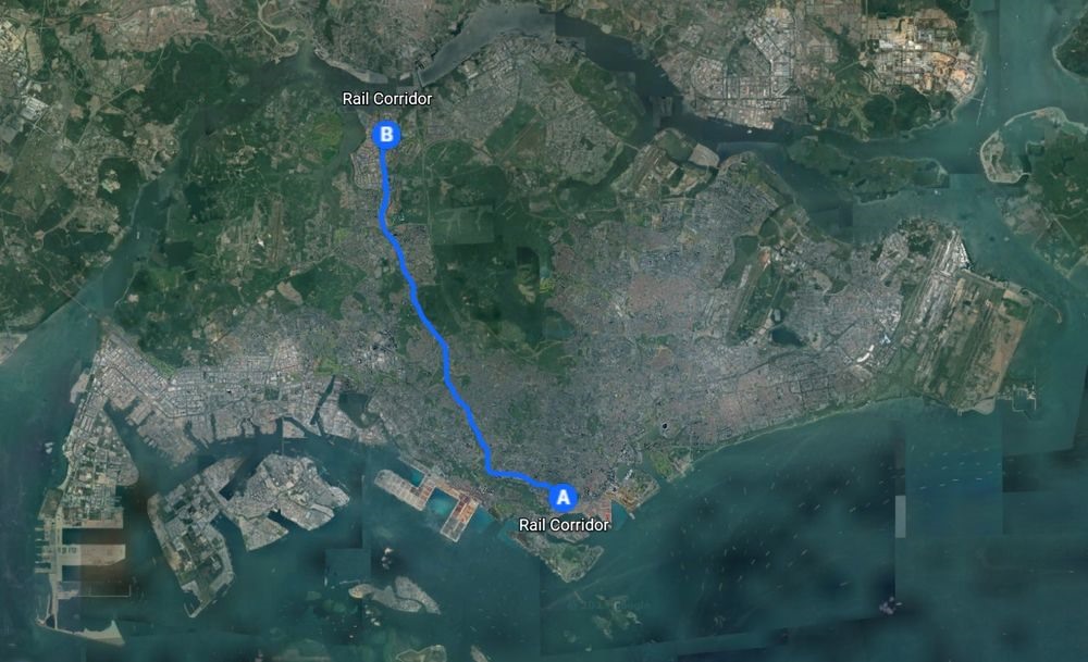 Hành lang dường sắt ở Singapore kéo dài từ Woodlands ở phía bắc đến Tanjong Pagar ở phía nam. Nguồn: Google, Maxar Technologies...