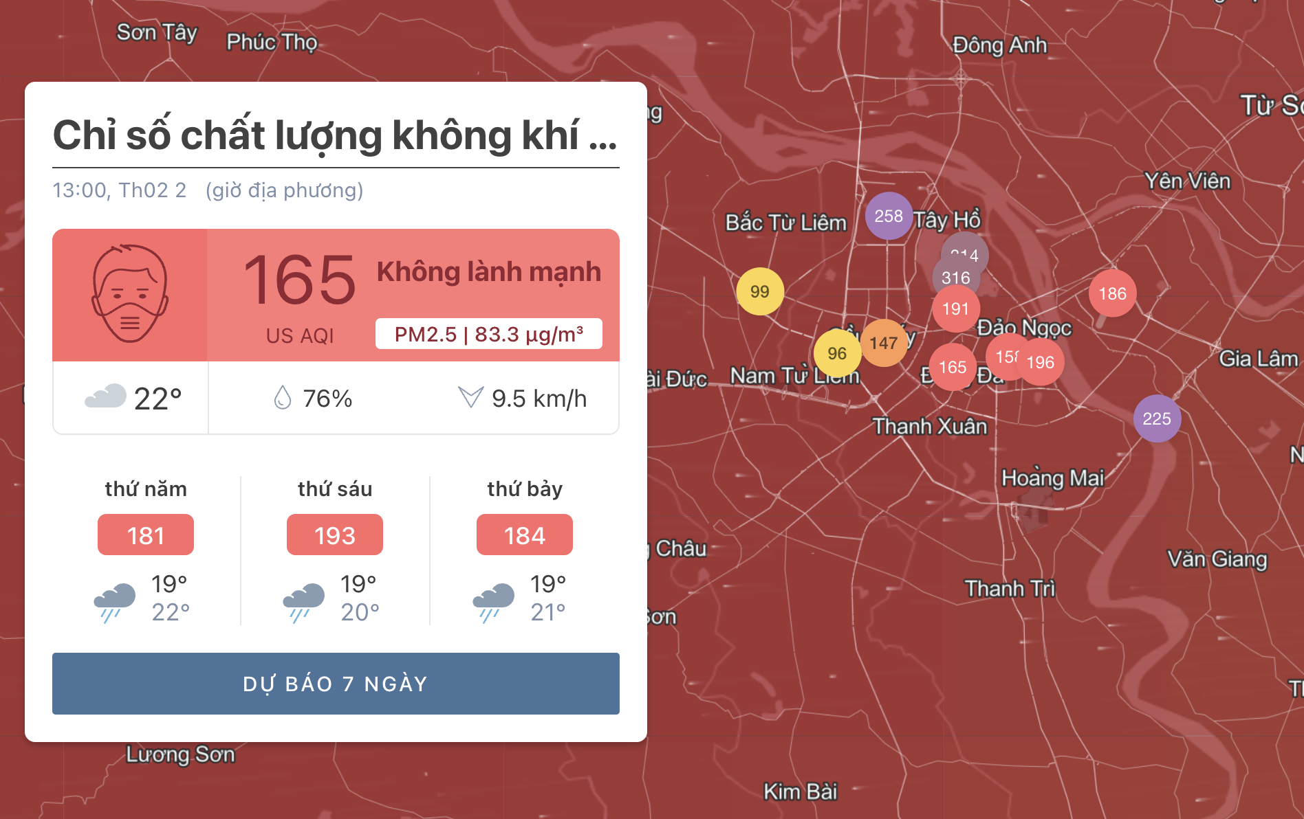 Tham khảo ứng dụng IQ Air, chỉ số chất lượng chất lượng không khí tại Hà Nội khoảng 163 hiển thị màu đỏ - tức mức có hại cho sức khỏe con người.
