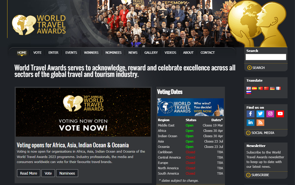 World Travel Awards 2023 mở cổng bình chọn khu vực Châu Á và Châu Đại Dương. Ảnh: Chụp màn hình