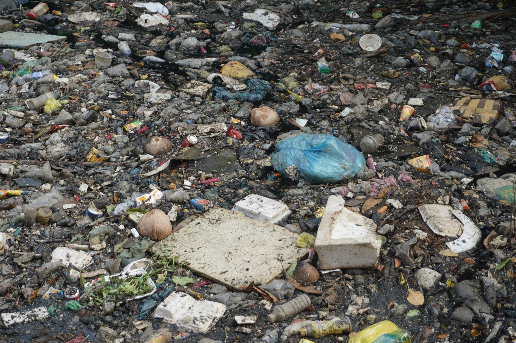 Các loại rác như chai nhựa, túi nylon, mút xốp, xác động vật... phủ kín mặt kênh.