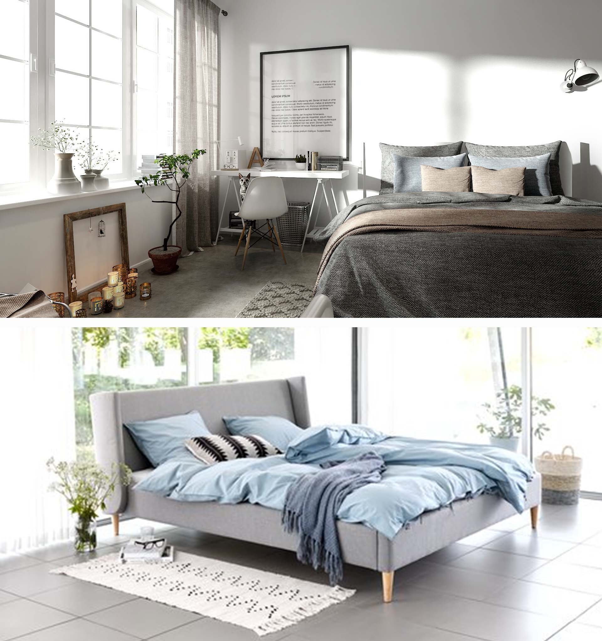 Phong cách Bắc Âu: Giường ngủ sang trọng với tông xám đi kèm đồ nội thất đơn giản, tinh tế. Tông sáng kèm với vài đồ gỗ tự nhiên đem lại sự sang trọng cho căn phòng.