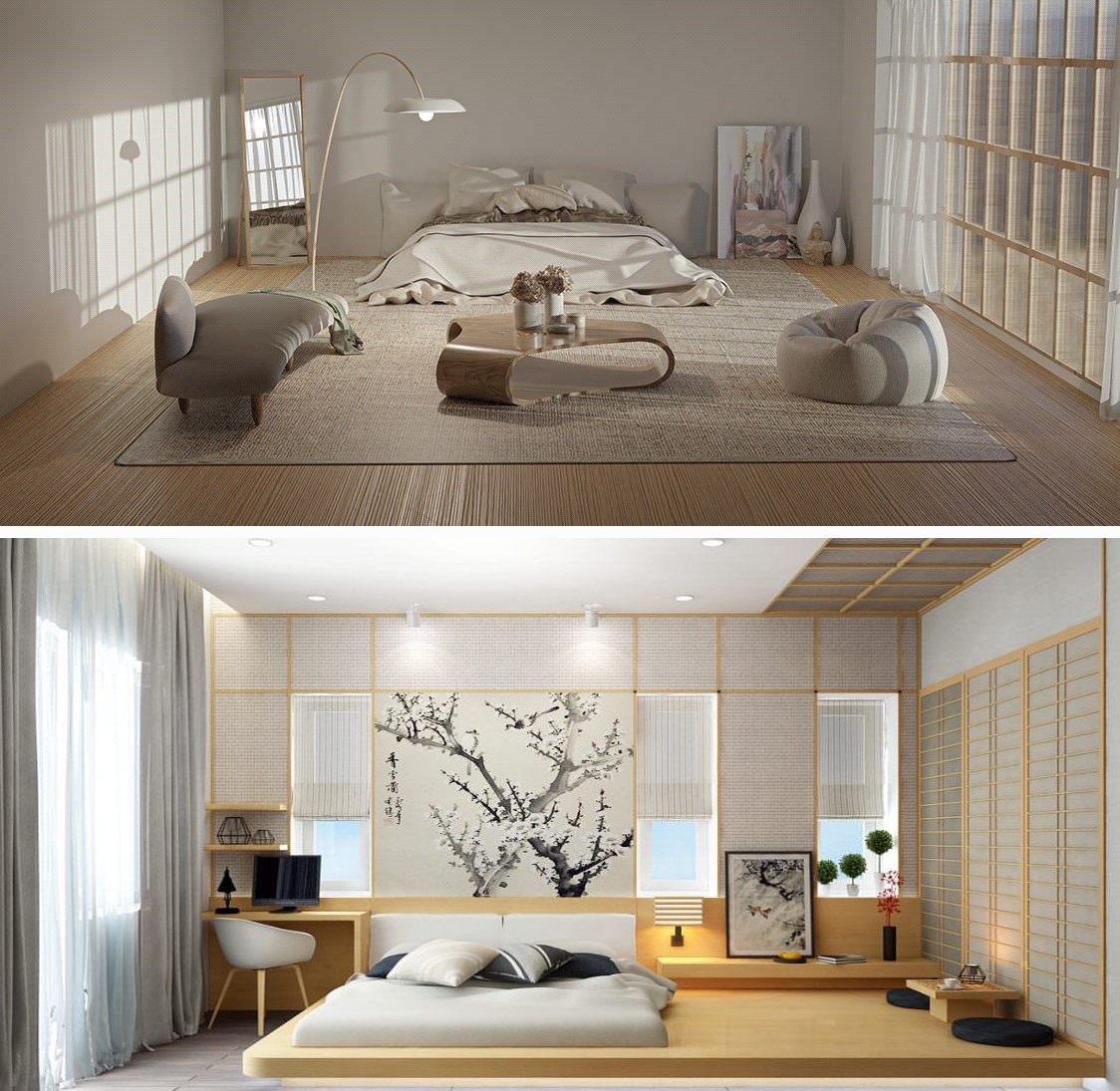 Phòng ngủ kiểu Nhật: Phong cách này hạn chế sử dụng quá nhiều đồ nội thất, chỉ bố trí những món đồ cơ bản và kiểu dáng thấp. Phòng ngủ kiểu Nhật mang đến sự nhẹ nhàng và thoải mái, tạo sự thoáng đãng. Đồ họa: Khương Duy