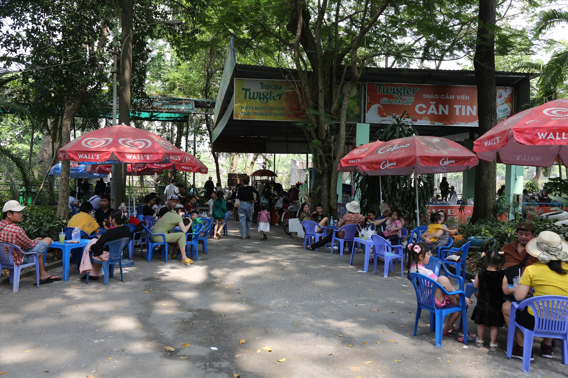 Khu vực quán xá phía bên trong Thảo Cầm Viên chật kín người ngồi nghỉ ngơi.