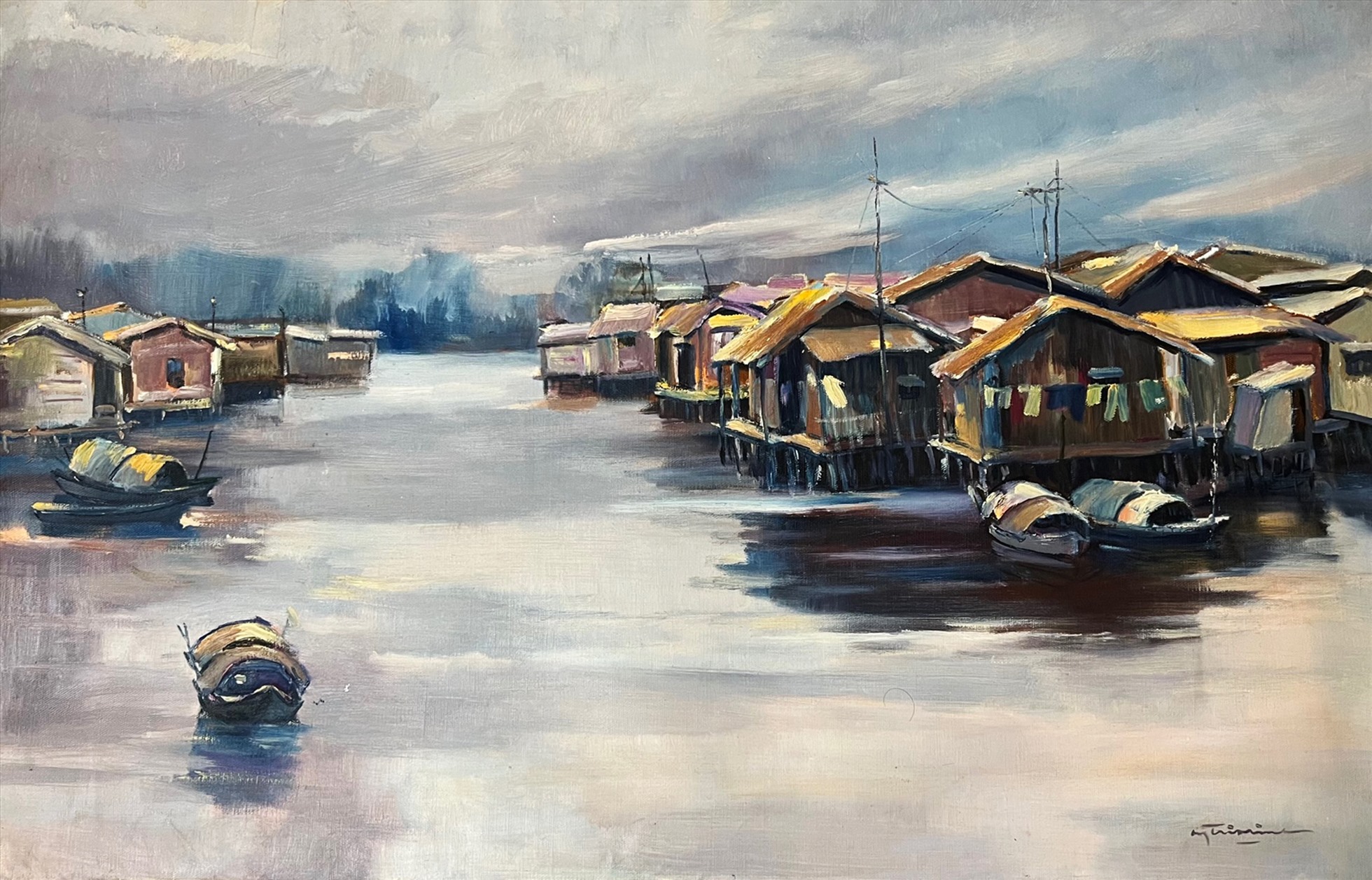 Ông sử dụng nhiều chất liệu như sơn dầu, màu nước, acrylic, sơn mài… Định cư tại Hoa Kỳ năm 1975, ông tiếp tục sáng tác và dạy vẽ như khi ở Việt Nam. Sở trường về tranh phong cảnh, ông đã nổi tiếng với các tác phẩm ao sen bờ trúc tại quê nhà, ra hải ngoại, càng nổi tiếng”.