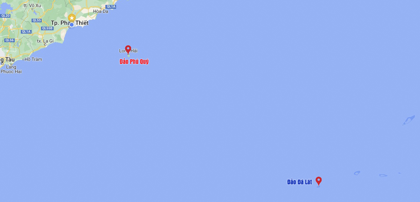 Khoảng cách giữa đảo Đá Lát và đảo Phú Quý trên bản đồ. Ảnh: Google Maps