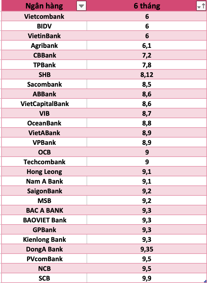 So sánh lãi suất ngân hàng cao nhất ở kỳ hạn 6 tháng. Đồ hoạ Trà My