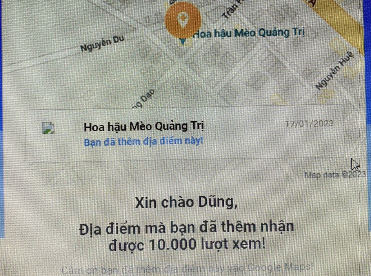 Địa điểm đặt linh vật mèo ở huyện Triệu Phong được nhiều người tìm kiếm qua google maps. Ảnh: Sỹ Dũng.