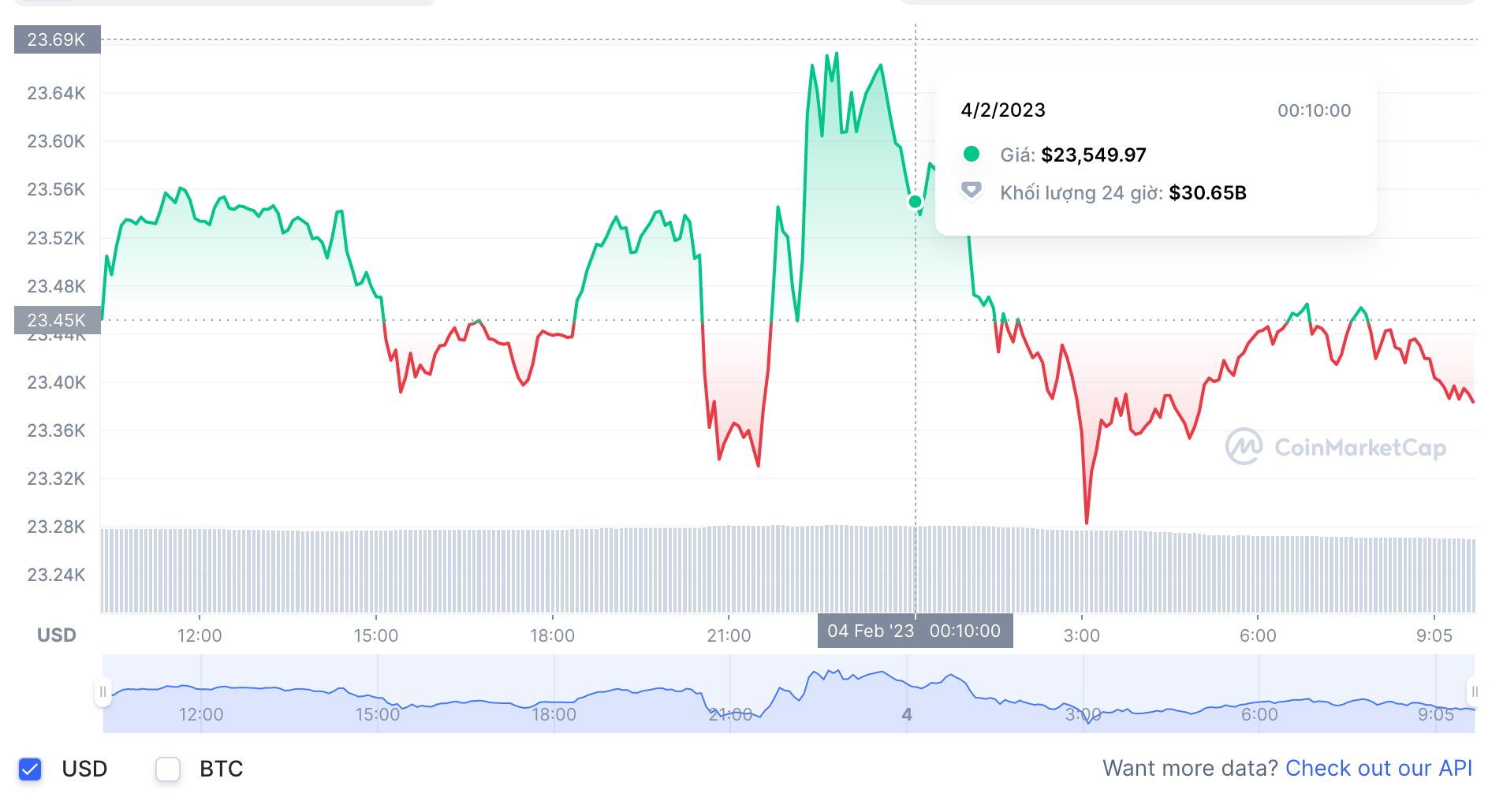 Biến động giá tiền điện tử Bitcoin mới nhất. Ảnh: Chụp màn hình.