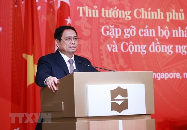Thủ tướng Phạm Minh Chính phát biểu tại cuộc gặp. Ảnh: TTXVN