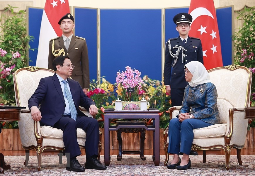 Thủ tướng Phạm Minh Chính hội kiến Tổng thống Singapore Halimah Yacob. Ảnh: TTXVN