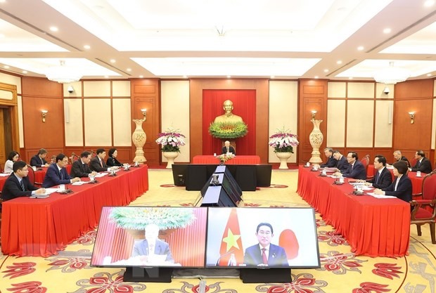 Tổng Bí thư Nguyễn Phú Trọng hội đàm trực tuyến cấp cao với Chủ tịch Đảng Dân chủ Tự do, Thủ tướng Nhật Bản Kishida Fumio. Ảnh: TTXVN