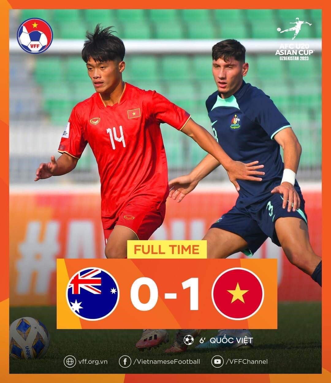 U20 Việt Nam thắng 1-0 trước U20 Australia nhờ pha lập công của Nguyễn Quốc Việt. Ảnh: VFF