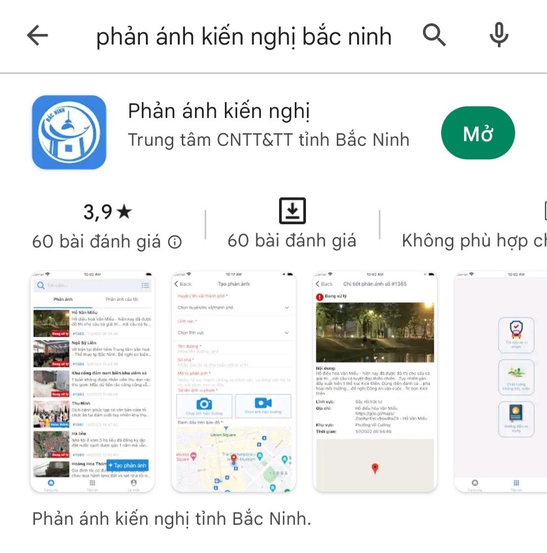 Phần mềm phản ánh kiến nghị tỉnh Bắc Ninh hiện có hơn 5000 lượt tải xuống trên CH Play, được người dùng đánh giá 3,9 sao. Ảnh: Chụp màn hình.