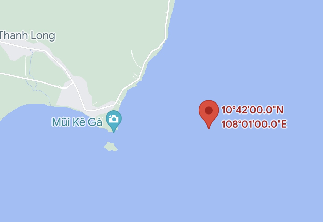 Vị trí tàu gặp nạn gần Mũi Kê Gà, Bình Thuận. Ảnh: Google Maps