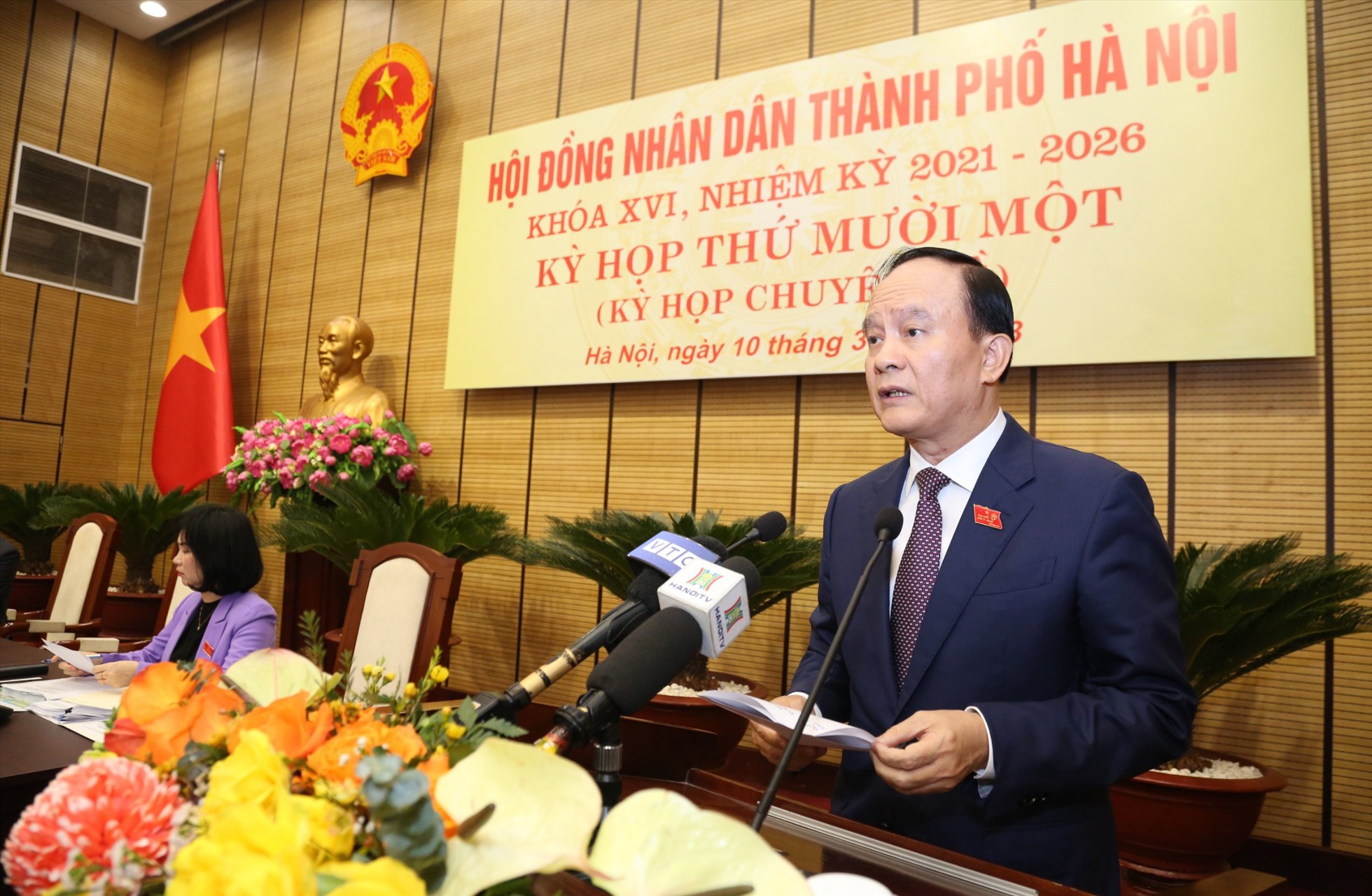 Chủ tịch HĐND TP Hà Nội Nguyễn Ngọc Tuấn phát biểu khai mạc kỳ họp. Ảnh: P.Đông