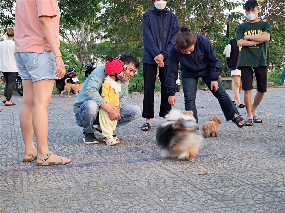 Rất nhiều trẻ em ở công viên tiếp xúc với chó không dây xích, rọ mõm ở công viên. Ảnh: Nguyễn Linh