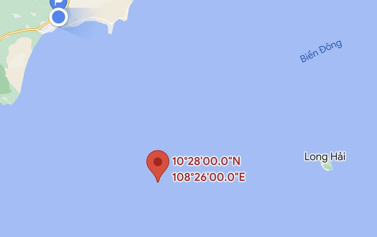 Vị trí tàu Tuấn Tú 09 chìm cách đảo Phú Quý khoảng 29 hải lý. Ảnh: Google Maps