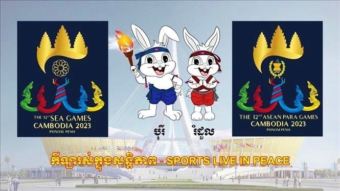 Biểu trưng, linh vật và khẩu hiệu của SEA Games 32. Ảnh: Phnompenhpost