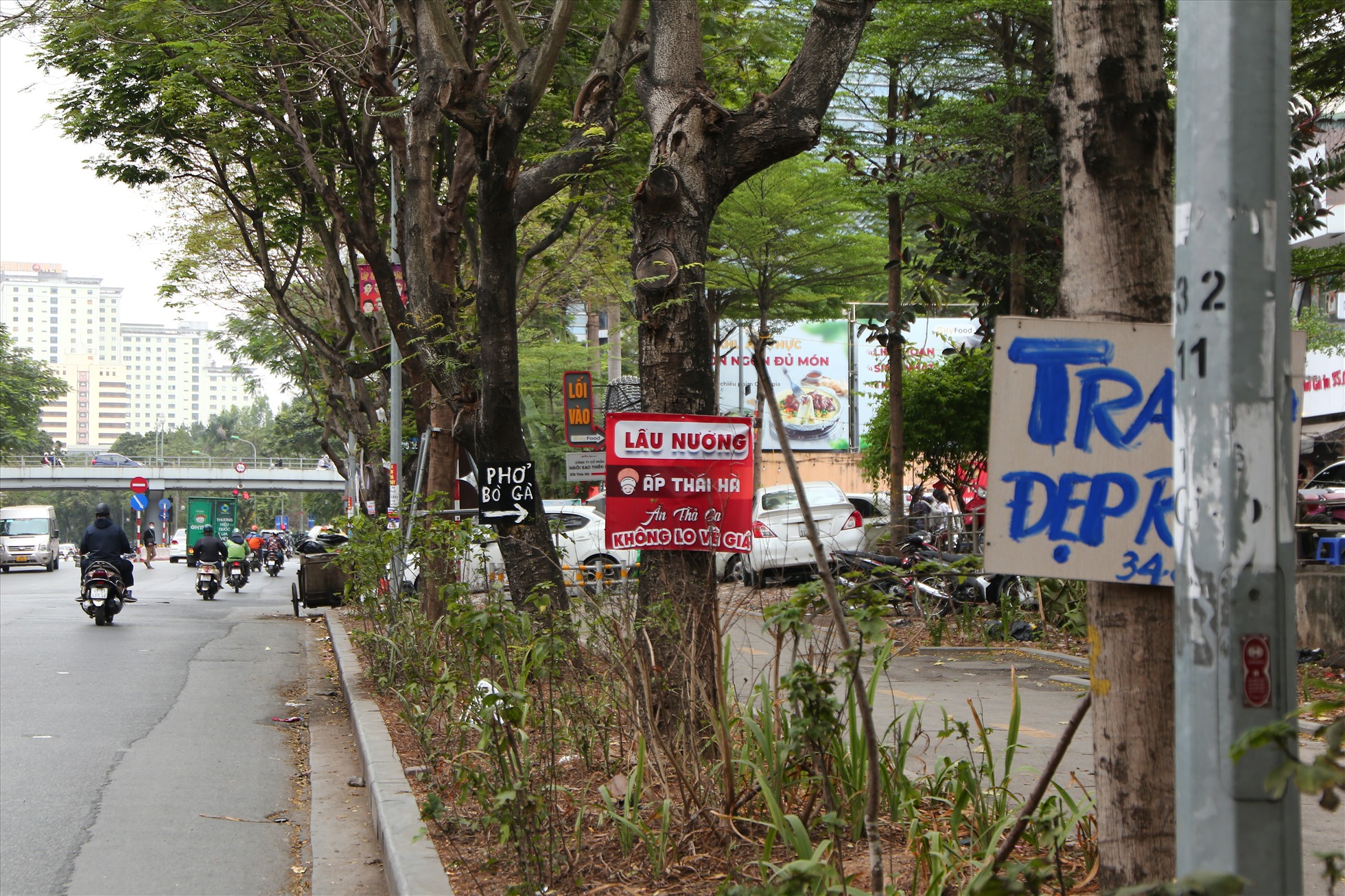 Nhiền biển quảng cáo được treo dọc tuyến đường dành cho người đi bộ trên phố Thái Hà. Ảnh: Vĩnh Hoàng