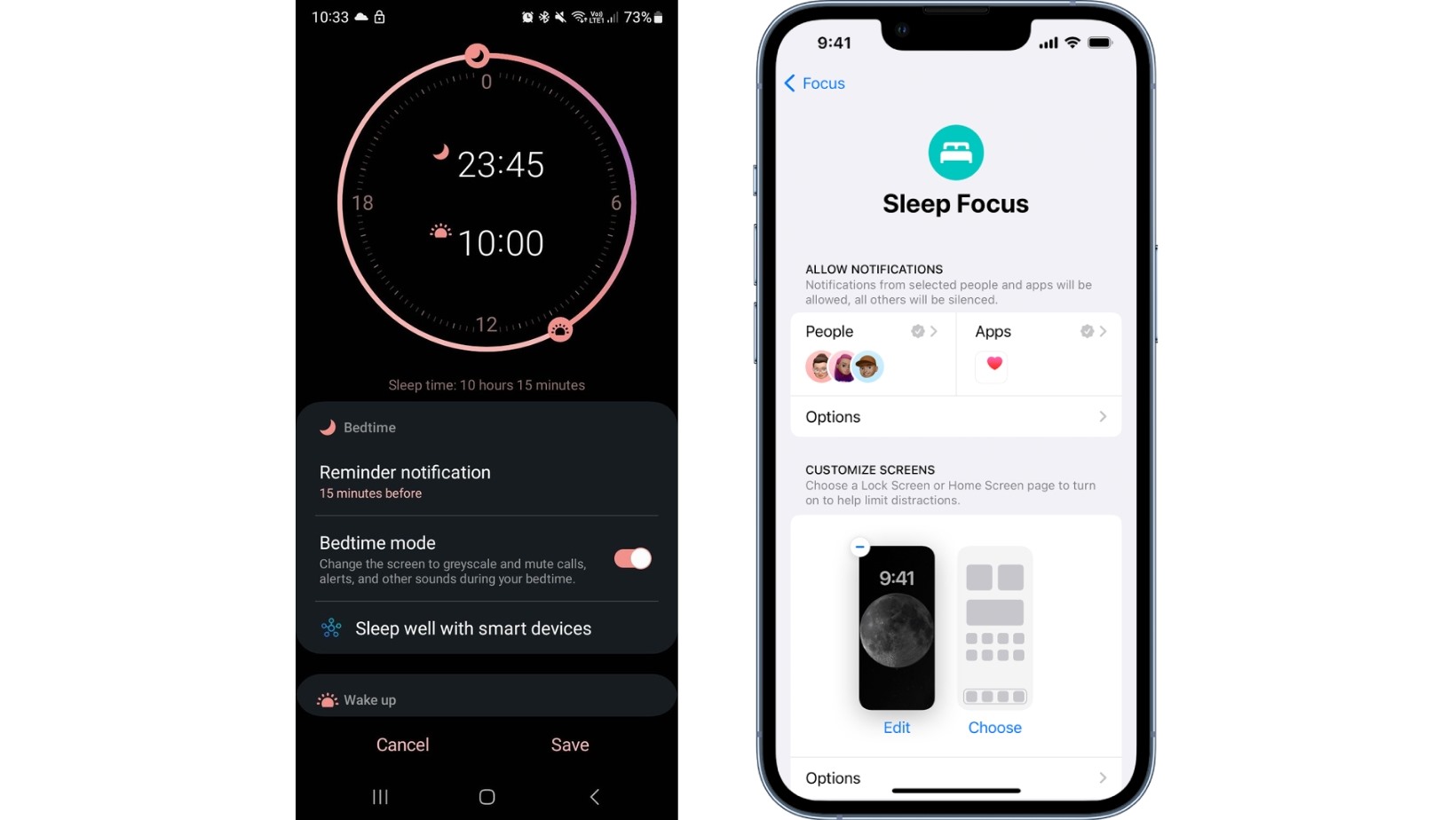 Bedtime Mode trên Android và Sleep Focus trên iOS. Ảnh: Thùy Trang