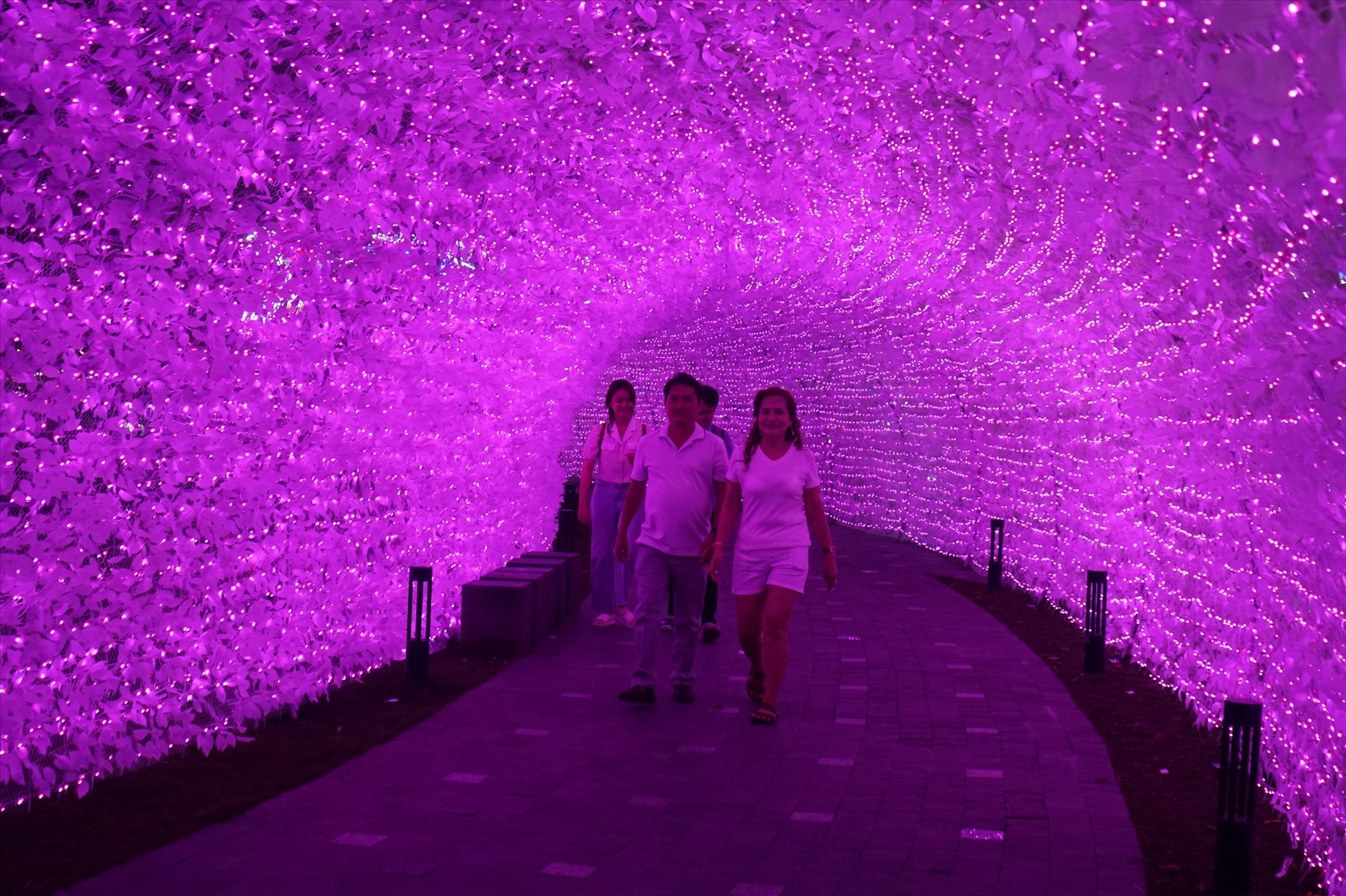 Đường hầm ánh sáng dài 50m được thiết kế hàng nghìn ánh đèn LED góp phần cho cảnh quan nơi đây càng lung linh hơn về đêm.