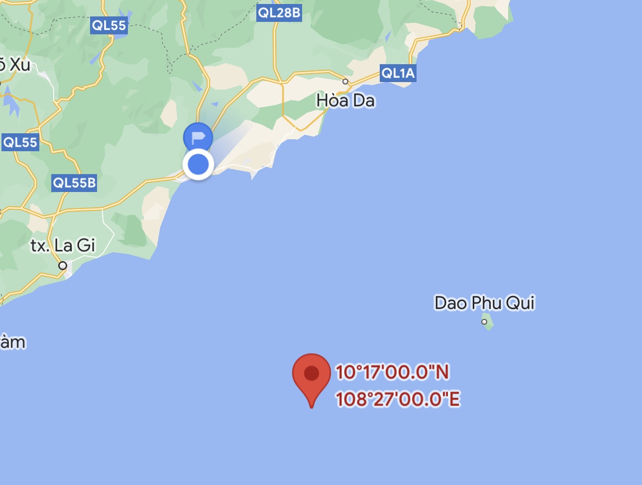 Vị trí tàu cá chìm cách đảo Phú Quý khoảng 30 hải lý. Ảnh Google Maps