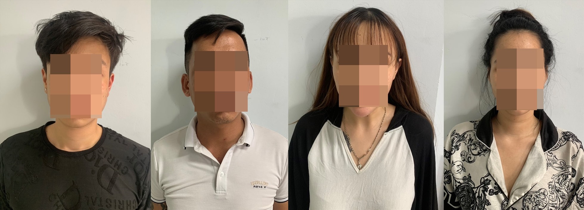 4 đối tượng Nguyễn Ngọc Sơn, Lê Việt Huy, Bùi Mai Uyển Nhi và Đặng Thị Anh Tú bị phát hiện tổ chức sử dụng ma túy vào ngày 16.3. Ảnh: Công an cung cấp