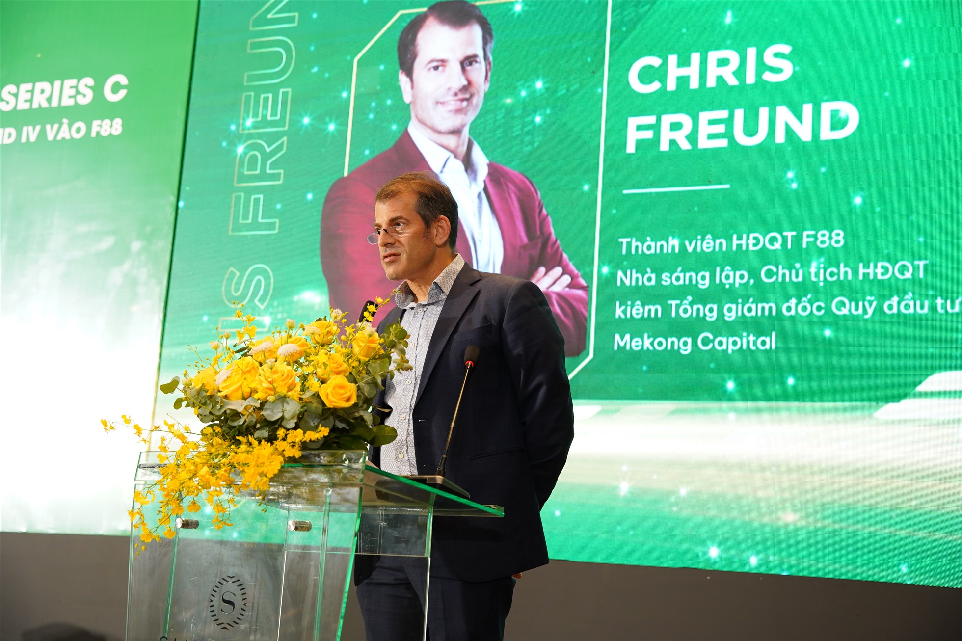 Ông Chris Freund – Nhà sáng lập kiêm Tổng giám đốc quỹ Mekong Enterprise Fund IV - thành viên HĐQT F88 phát biểu. Nguồn: F88