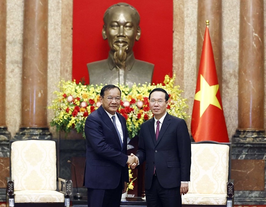 Chủ tịch nước Võ Văn Thưởng vui mừng trước sự phát triển hiệu quả của quan hệ hợp tác Việt Nam – Campuchia thời gian qua. Ảnh: TTXVN