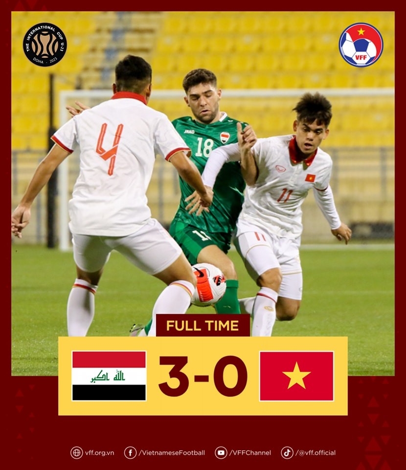 U23 Việt Nam nhận thất bại 0-3 trước U23 Iraq trong ngày mở màn giải Doha Cup 2023. Ảnh: VFF