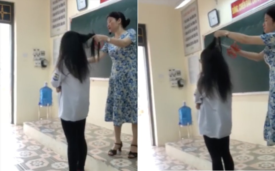 Hình ảnh cô giáo cắt tóc học sinh ngay tại lớp. Ảnh cắt từ clip