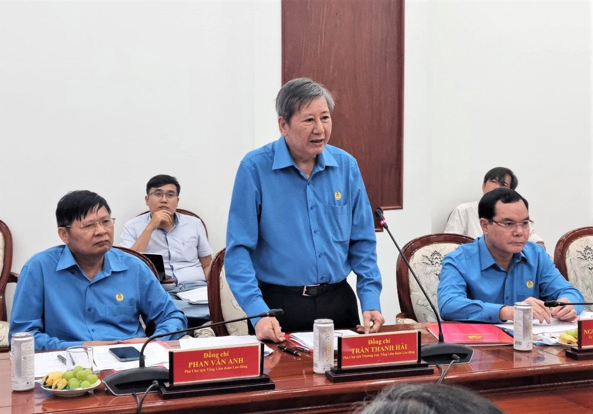 Phó Chủ tịch thường trực Tổng LĐLĐ Việt Nam Trần Thanh Hải phát biểu tại hội nghị. Ảnh: Nam Dương